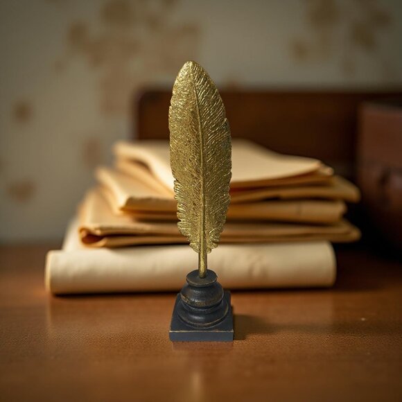 Two's Company 13" Gold Feather Sculpture Quill Decor on Black Pedestal Base - Picture 5 of 9